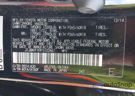 2015 Lexus Gx 460 z USA, uszkodzony, nr VIN JTJBM7FX9F5102867